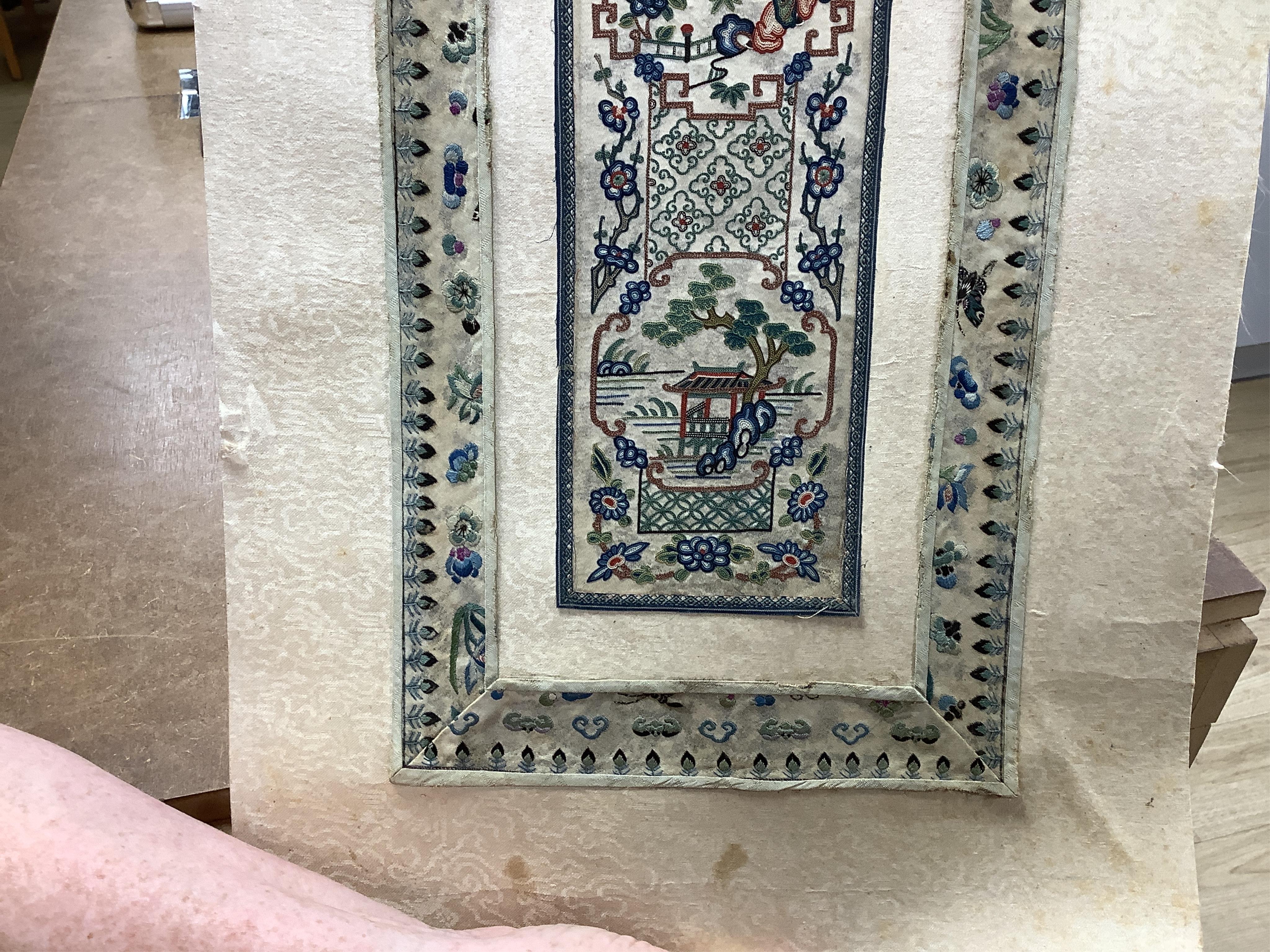 A pair of Chinese silk embroideries, in scroll form
